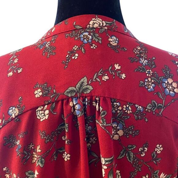 Everly Red Floral Button Front Blouse | Long Sleeve | Tie Cuff Top | Size M - Picture 7 of 11